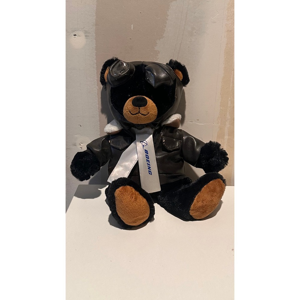 Boeing Aviator Pilot Teddy Bear Collectible Plush Black Brown Leather Jacket